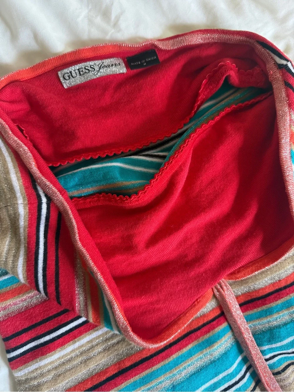 Guess Strapless Striped Bodycon Dress in Red, Teal, Tan, Black - Picture 5 of 5
